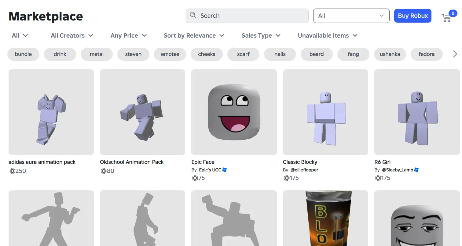 Catálogo de ropa en Roblox